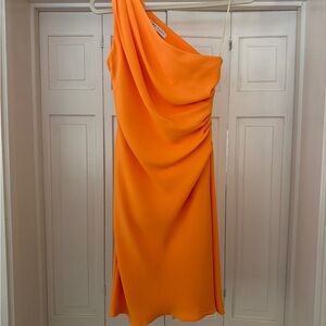 Trina Turk One-Shoulder Draped Orange Midi Dress